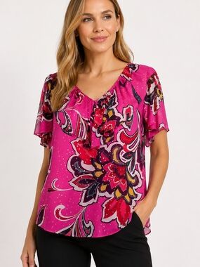 Trina Turk Hot Pink Floral Short Sleeve Blouse